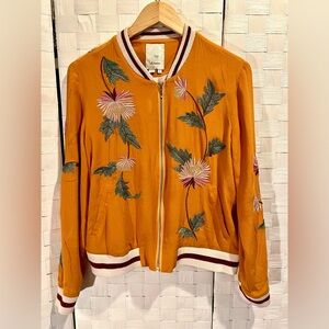 Elevenses Mustard Floral Embroidered Bomber Jacket from Anthropology